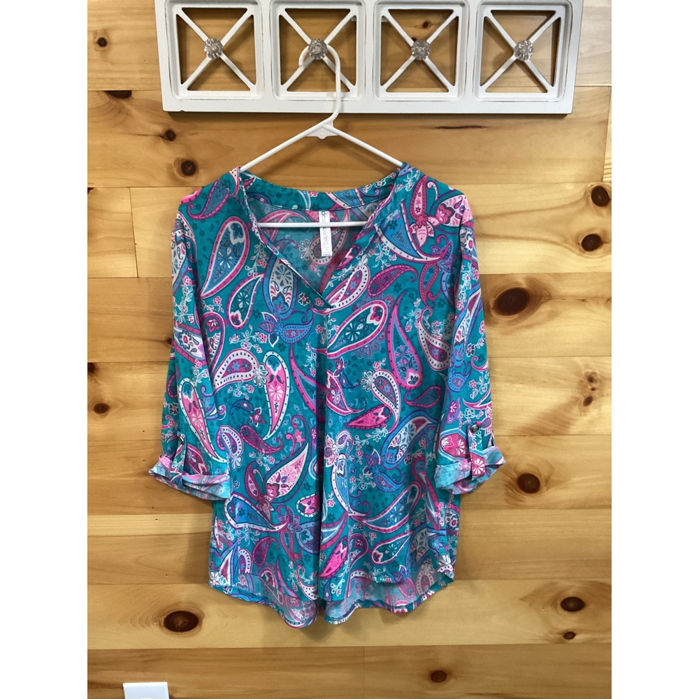 Dear Scarlett Womens Paisley V-Neck Roll Tab Sleeve Blouse Teal Pink Large L